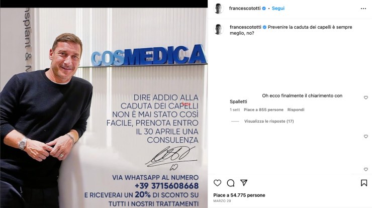 Totti pubblica un post su Instagram che richiama Spalletti